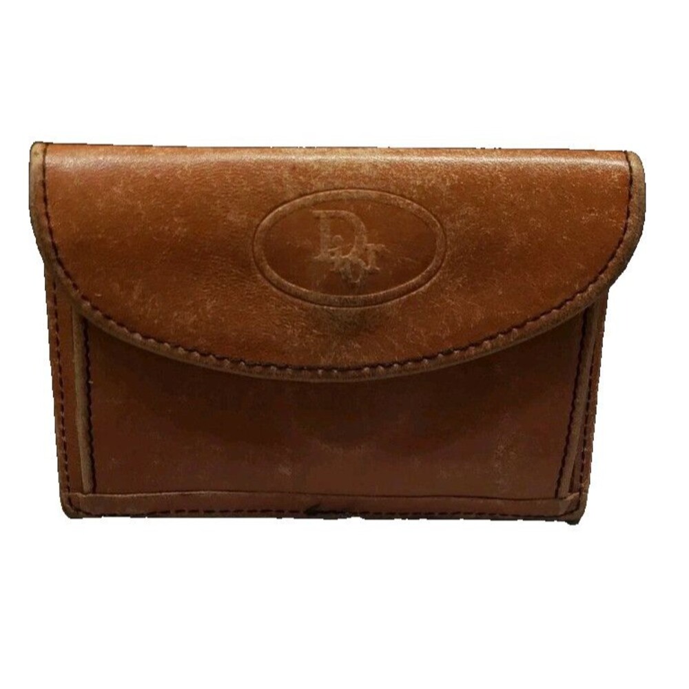 Vintage Christian Dior Brown Leather Card Case Wallet Envelope Oval Logo Graphic